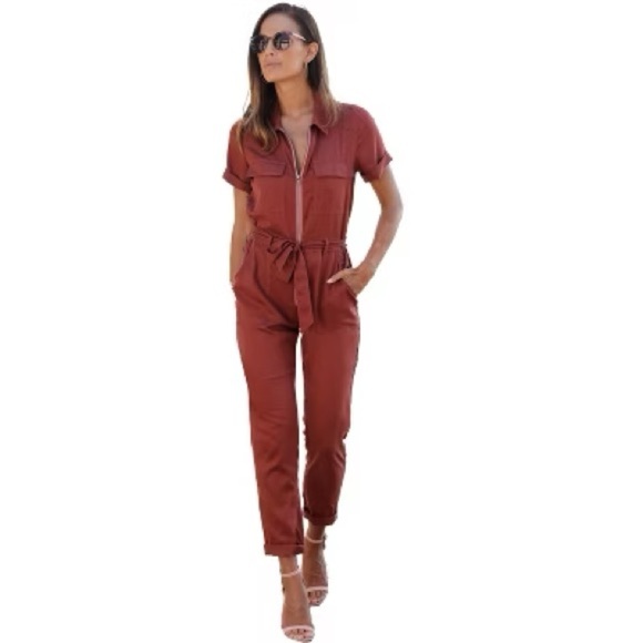 Lascana Cargo Style Rust Red Utility Tie Waist Jumpsuit - Picture 9 of 9